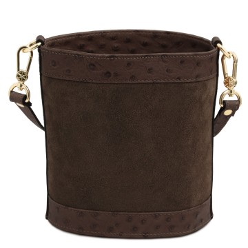 Bucket bag suede en struisvogelprint   ostrea achterkant