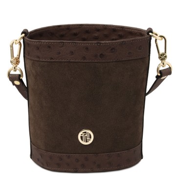 Bucket bag suede en struisvogelprint   ostrea chocola