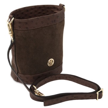 Bucket bag suede en struisvogelprint   ostrea zijkant