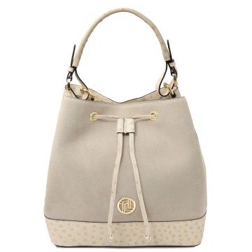 Buideltas suede met struisvogelprint   ostrea beige