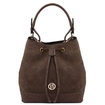 Buideltas suede met struisvogelprint   ostrea chocola