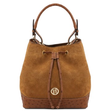 Buideltas suede met struisvogelprint   ostrea cognac