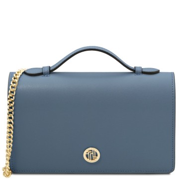 Clutch van glad leder met kettingriem   opera denim