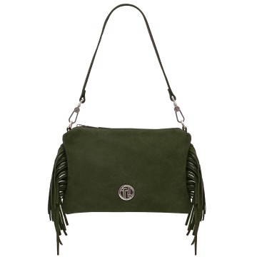 Clutch van suede leder met franjes   nomade bosgroen