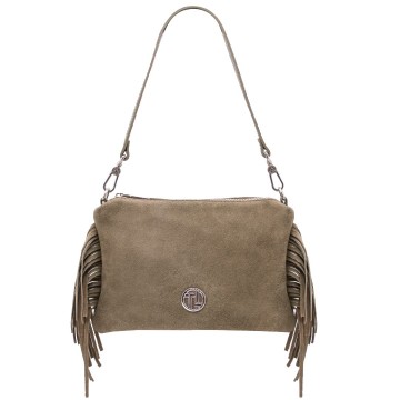 Clutch van suede leder met franjes   nomade donker taupe