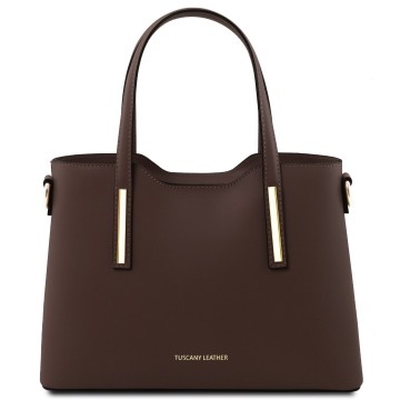 Compacte leren handtas met elegante stevige vorm chocola
