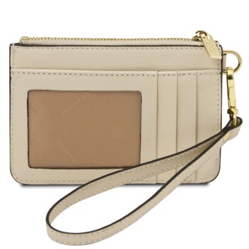 Compacte leren pasjeshouder met sleutelring en rits beige