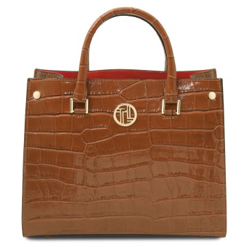 Croq print lederen handtas   croque cognac