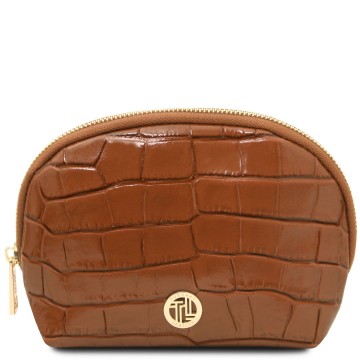 Croq print lederen toilettas   vera cognac