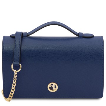 Elegante leren clutch met gouden kettingriem donkerblauw