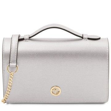 Elegante leren clutch met gouden kettingriem zilver