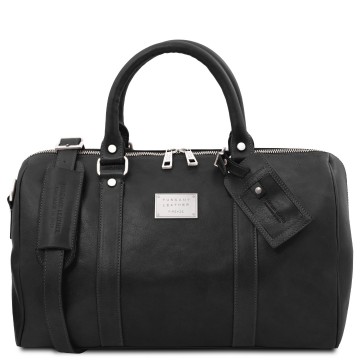 Italiaanse leren duffel bag met vak aan de achterkant   tl voyager   small zwart