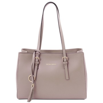 Italiaanse leren shopper met ritscompartiment licht taupe