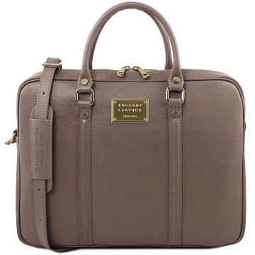 Laptoptas van saffiano leer  taupe