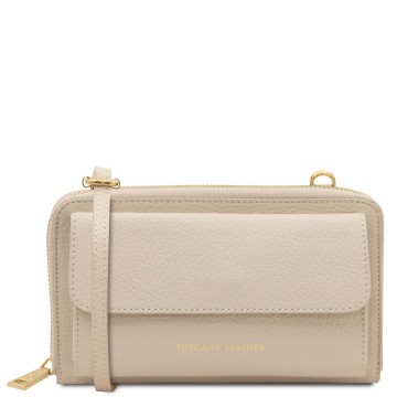 Lederen portemonneetelefoonhouder met riem   urania beige