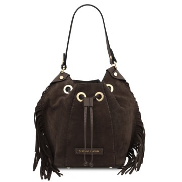 Leren buideltas van suede met franjes   nomade chocola