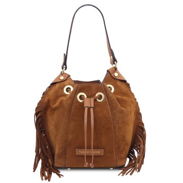 Leren buideltas van suede met franjes   nomade cognac