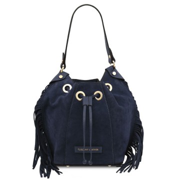Leren buideltas van suede met franjes   nomade donkerblauw