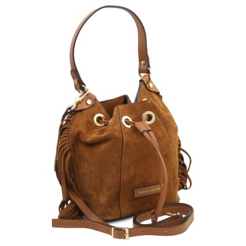 Leren buideltas van suede met franjes   nomade zijkant