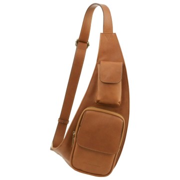 Leren crossbodytas voor heren met vijf buitenvakken natural