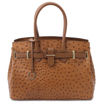 Leren handtas met embossed struisvogelprint cognac