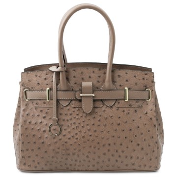 Leren handtas met embossed struisvogelprint taupe