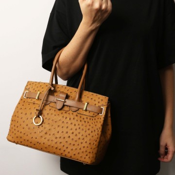 Leren handtas met embossed struisvogelprint