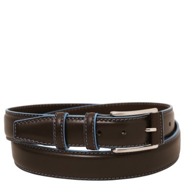 Leren riem met blauwe rand 35 mm donkerbruin