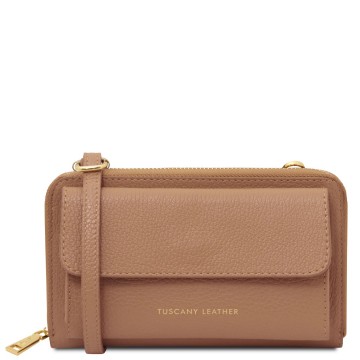 Leren telefoontas en portemonnee met schouderriem caramel