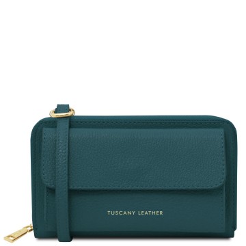 Leren telefoontas en portemonnee met schouderriem teal