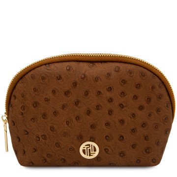 Leren toilettas met struisvogelprint vera cognac