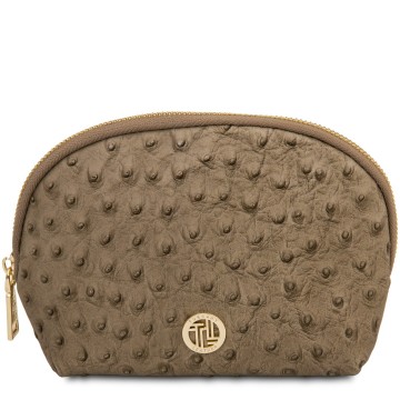Leren toilettas met struisvogelprint vera taupe