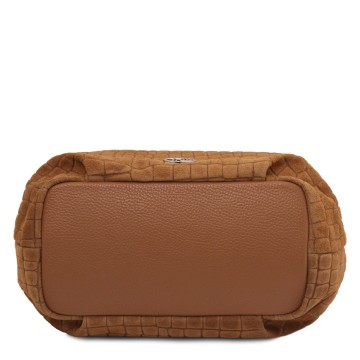 Nora cocoon  suede leren handtas met crocoprint bodem
