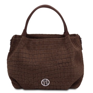 Nora cocoon  suede leren handtas met crocoprint chocola