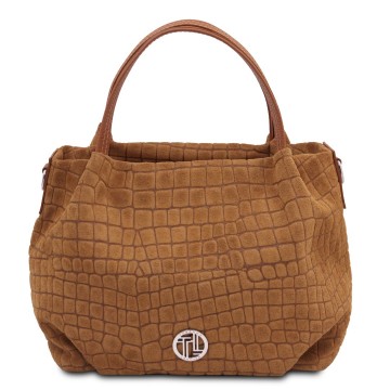 Nora cocoon  suede leren handtas met crocoprint cognac