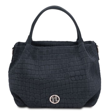 Nora cocoon  suede leren handtas met crocoprint donkerblauw