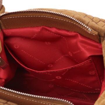 Nora cocoon  suede leren handtas met crocoprint intern