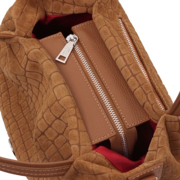 Nora cocoon  suede leren handtas met crocoprint ritssluiting