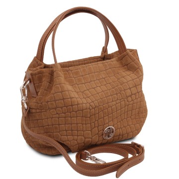 Nora cocoon  suede leren handtas met crocoprint zijkant