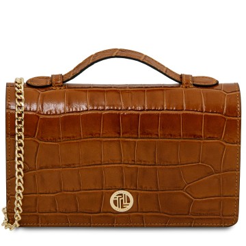 Opera croque  leren clutch met crocoprint en ketting cognac