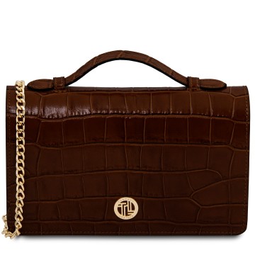 Opera croque  leren clutch met crocoprint en ketting koffie