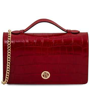 Opera croque  leren clutch met crocoprint en ketting rood