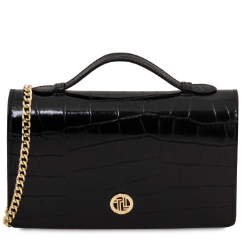 Opera croque  leren clutch met crocoprint en ketting zwart
