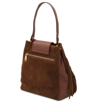 Schoudertas   shopper van suede leder met franjes   nomade achter
