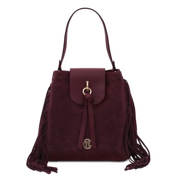 Schoudertas   shopper van suede leder met franjes   nomade bordeaux