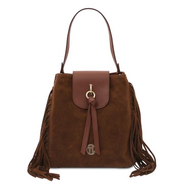Schoudertas   shopper van suede leder met franjes   nomade bruin