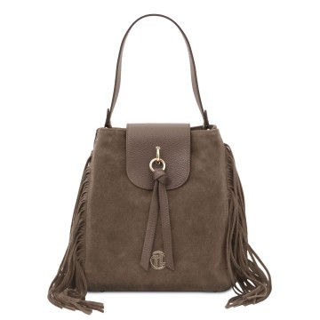 Schoudertas   shopper van suede leder met franjes   nomade donker taupe