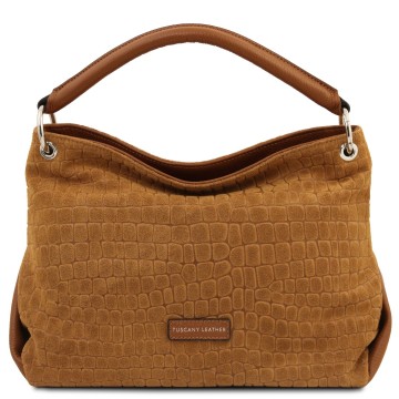 Schoudertas van suede met verstelbare riem   cocoon cognac