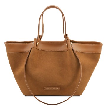 Shopper van glad leer en kalfs suede cognac