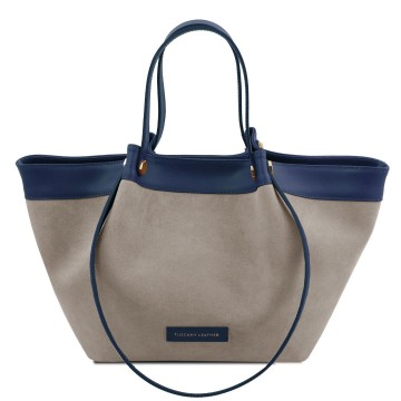 Shopper van glad leer en kalfs suede donkerblauw